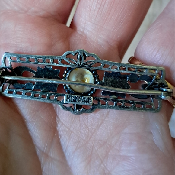 Vintage 14kt over Sterling Silver Symmetalic Floral Pearl Brooch - Picture 11 of 13